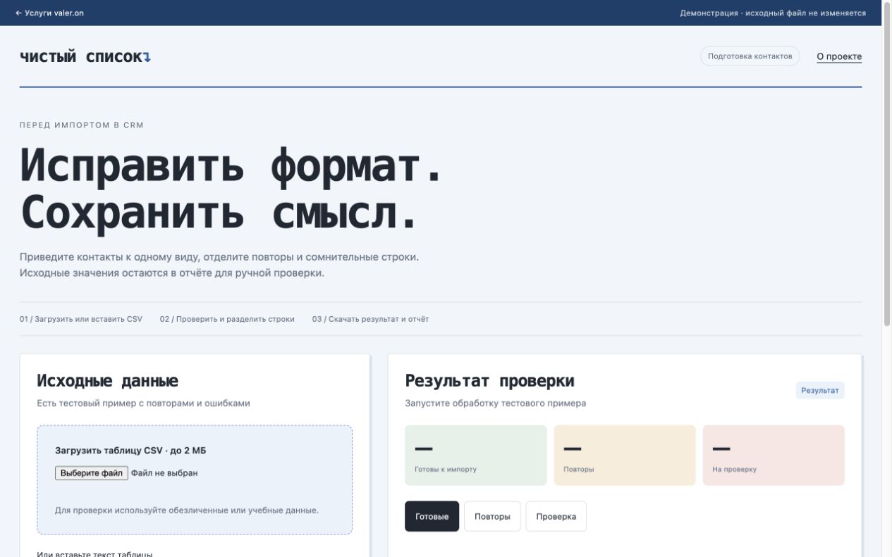 Первый экран проекта Чистый список: контакты перед переносом